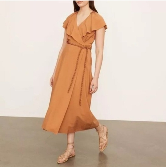 VINCE Wrap-effect ruffled tan Belted midi dress size S - Picture 1 of 14